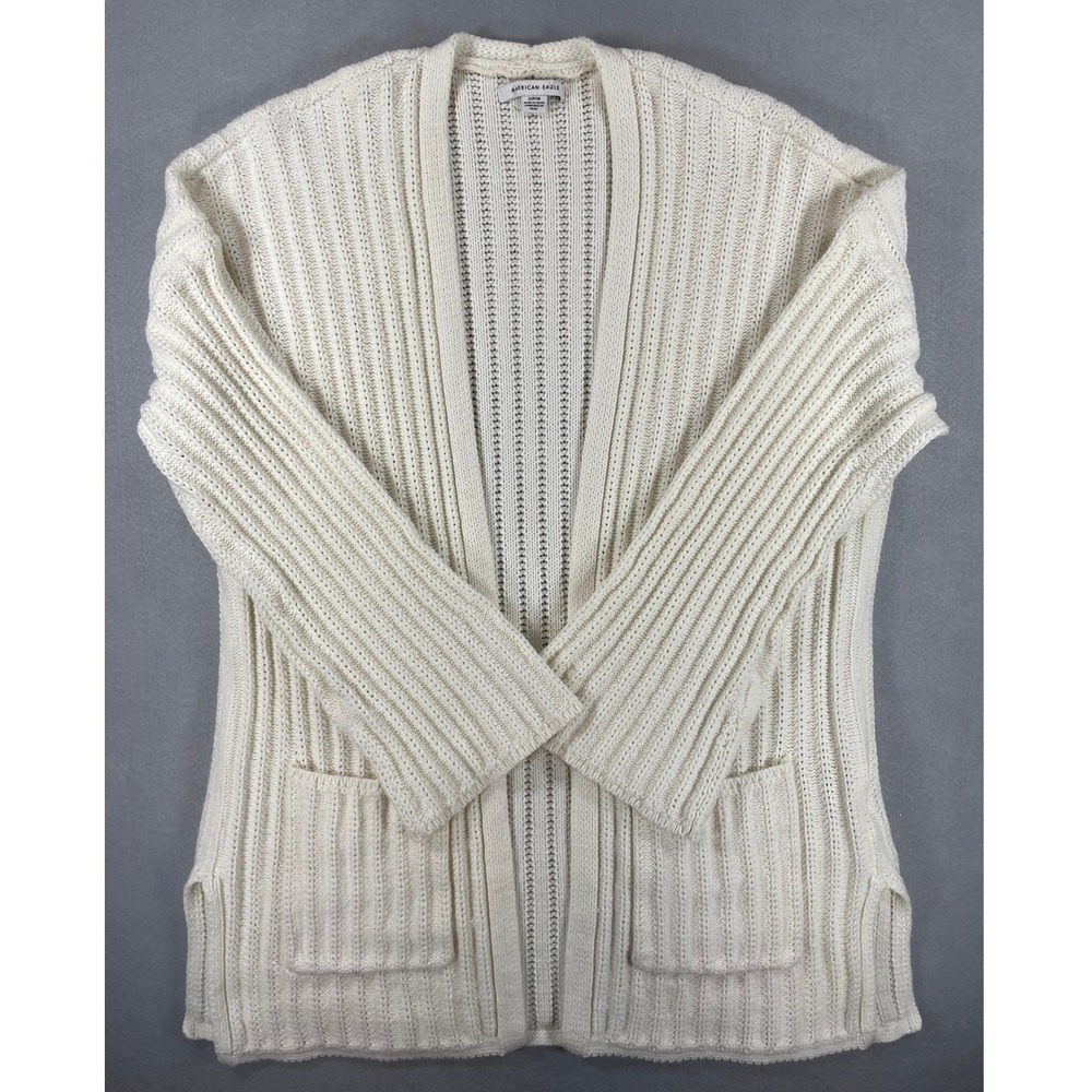 American Eagle Womens Cardigan Open Front Cream Ribbed Knit Small